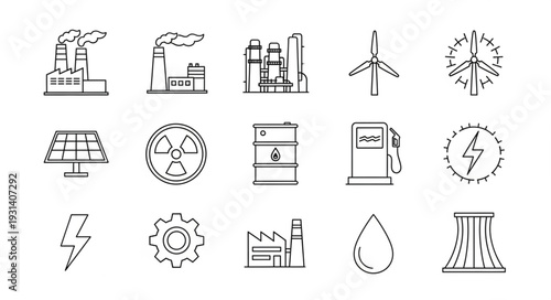 Set of industrial and energy icons hand-drawn style.