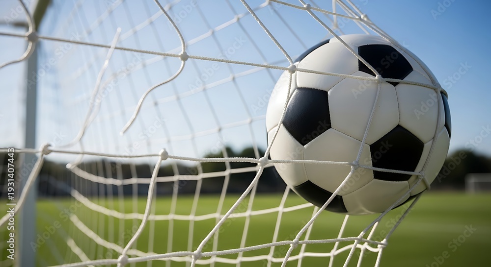Naklejka premium Soccer ball caught in the goal net on a sunny day outdoor sports scene