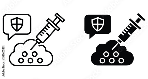 Vaccination herd immunity icon set showing syringe injecting medicine into population group with shield symbol for health protection and virus prevention