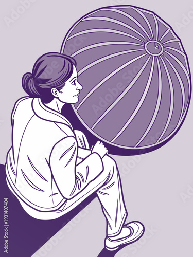 Woman with exercise ball in a minimalist illustration.