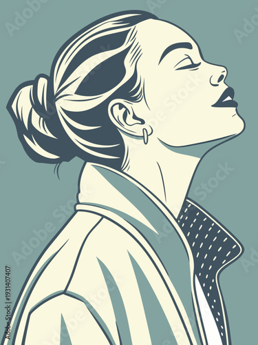 Woman with eyes closed looking up in a pop art style illustration.