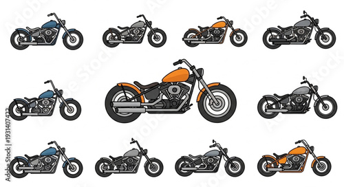 Collection of various custom chopper motorcycles displayed in a grid.