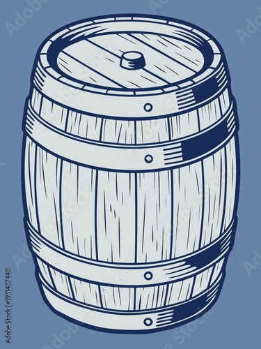 Wooden Barrel Illustration on Blue Background.