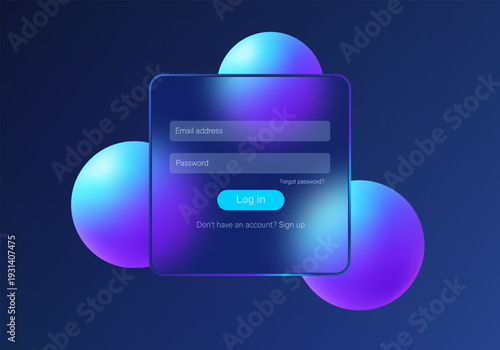 Modern login interface in a glass morphism style with a translucent panel and vibrant blue-violet gradient spheres on a dark background. Vector UI template.