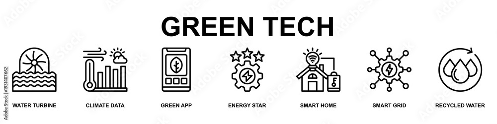 Obraz premium Green Tech Banner Web Icon Vector Illustration Concept for Business with Icons of Water Turbine ,Climate Data ,Green App ,Energy Star ,Smart Home ,Smart Grid and Recycled Water