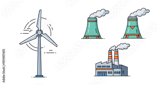 Wind turbine and industrial factory with cooling towers illustration.