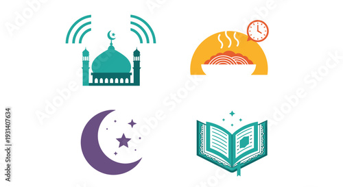 Set vektor rata dari unsur-unsur perayaan perayaan lebaran ramadhan mubarak mulai dikoleksi