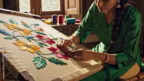 Indian artisan woman diligently embroidering a traditional floral design, showcasing skilled needlework and the rich cultural heritage of textile arts in her workshop
