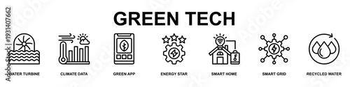 Green Tech Banner Web Icon Vector Illustration Concept for Business with Icons of Water Turbine ,Climate Data ,Green App ,Energy Star ,Smart Home ,Smart Grid and Recycled Water