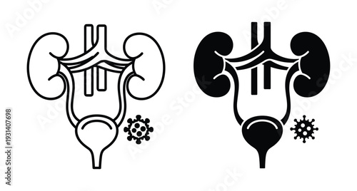 Human urinary system icon set featuring kidneys bladder and ureters with virus bacteria symbol representing infection disease inflammation medical healthcare anatomy