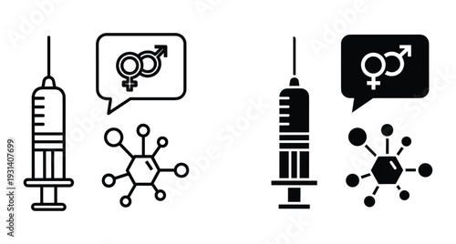 Syringe medical icons with gender symbols in speech bubble and molecule structure for hormone therapy vaccination and scientific research health concepts