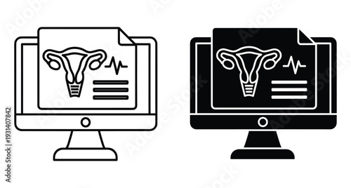 Online medical report icon showing female reproductive system uterus and ovaries on computer monitor screen for digital healthcare and gynecology diagnostics