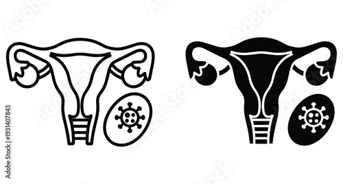 Female reproductive system uterus and ovaries icon set with virus bacteria infection symbol for medical healthcare gynecology disease diagnosis and treatment