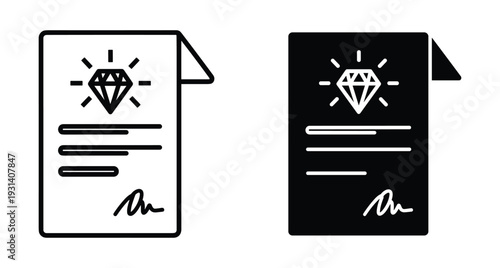 Diamond certificate icon set representing jewelry appraisal authenticity document with signature and gemstone symbol for legal verification and quality assurance standards