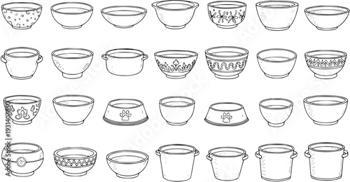 Hand-Drawn Bowls Collection: Diverse Outline Sketch Vector Set of Kitchenware, Serving Dishes, Mixing Bowls, Pet Bowls, Pots, and Buckets in Black and White Style.