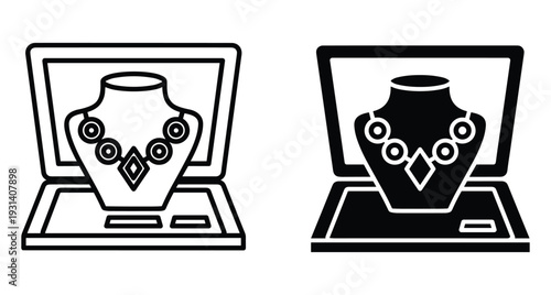 Online jewelry shopping icon set featuring necklace on mannequin bust displayed on laptop screen for e commerce website digital store and retail app