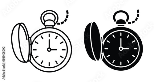 Pocket watch icon set featuring outline and solid black silhouette designs for time management vintage style antique clock pocket watch icon