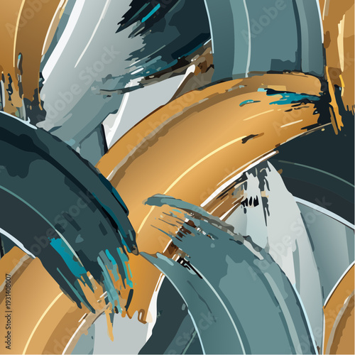 Expressive abstract art with teal gold and white brushstrokes.