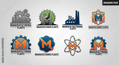 Collection of industrial manufacturing plant logos and icons.