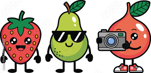 Three cartoon fruits with arms legs and faces standing together