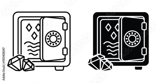 Open metal safe box with diamonds and jewelry inside icon set for banking finance security storage wealth protection and money savings