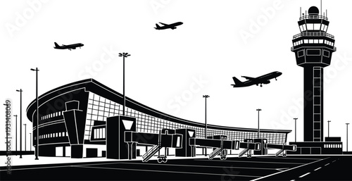 Black and white airport with airplanes and control tower transportation