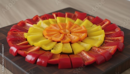 Vibrant Sliced Bell Peppers Arranged in a Colorful Flower Pattern