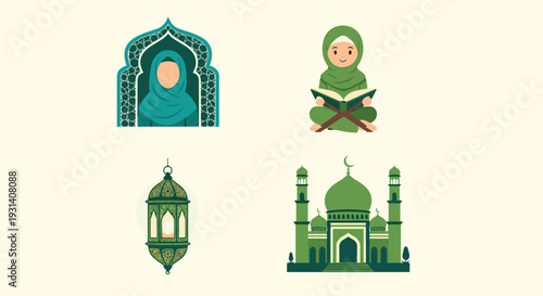 Set vektor rata dari unsur-unsur perayaan perayaan lebaran ramadhan mubarak mulai dikoleksi