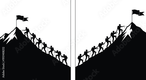 Mountain climber teamwork silhouette vector illustration, leadership graphics, group support drawing collection, black and white adventure art - flat vector illustration