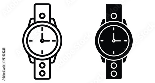 Wristwatch icon set featuring minimalist analog clock face with strap in outline and solid black glyph styles for web and mobile interface