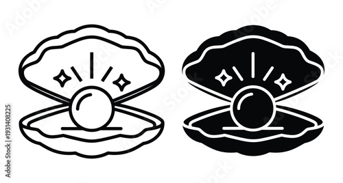 Open seashell with a shining pearl inside outline and solid black silhouette icons for jewelry ocean and nature design projects graphic