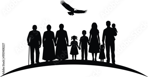 Multigenerational family silhouette vector illustration, heritage graphics, unity and connection drawing collection, black and white cultural art - flat vector illustration