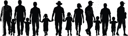 Parent and child walking silhouette vector illustration, family graphics, guardianship design drawing collection, black and white people art - flat vector illustration