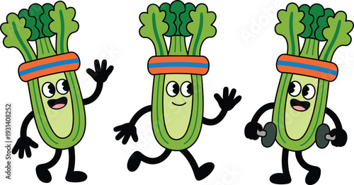 Three green celery characters with headbands dancing and waving