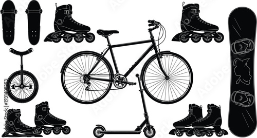 Recreational transportation silhouette vector illustration, bicycle and skate graphics, sport equipment drawing collection, black and white leisure art - flat vector illustration