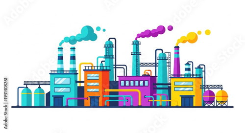 Colorful industrial factory with smoking chimneys illustration.