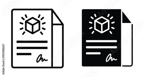 Product certificate icon set showing document with cube symbol and signature for patent ownership legal agreement shipping manifest and digital asset proof