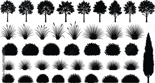 Tree shrub and grass silhouette vector illustration, botanical graphics, landscape design drawing collection, black and white nature art - flat vector illustration