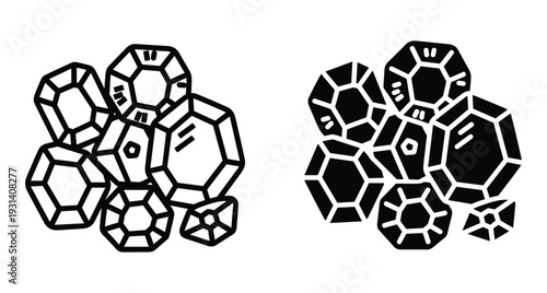 Gemstone crystal cluster icon set featuring outline and solid black silhouette styles for jewelry design mineral wealth treasure and geometric decoration
