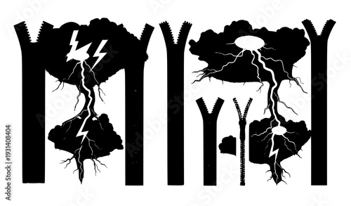 Vector illustration set of zippers with thunderstorm and lightning effects for creative projects