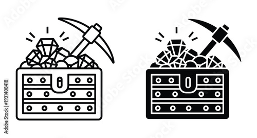 Treasure chest full of sparkling diamonds and gems with a pickaxe tool for mining wealth adventure game assets in vector style