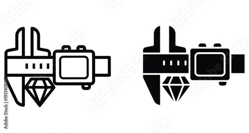 Digital caliper measuring diamond gemstone icon set for jewelry appraisal precision measurement tool engineering equipment industrial gauge accuracy scale technical instrument