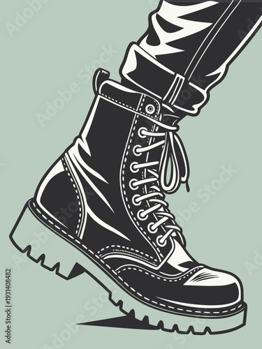 Close up of a person wearing a stylish combat boot black and white illustration.