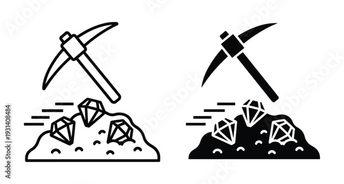 pickaxe mining tool icon set with diamonds and gems in rock pile for gold digging industry and mineral extraction symbol design