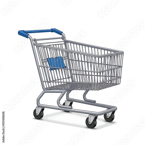 Empty shopping cart with blue handle viewed from side in retail environment