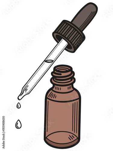 Dropper bottle with liquid drops medical illustration.
