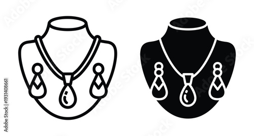 Jewelry display bust icon set featuring necklace with teardrop pendant and matching earrings in outline and solid black vector style graphic