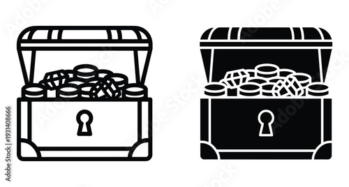 Treasure chest icon set with open lid containing gold coins and diamonds in outline and solid black glyph style for games