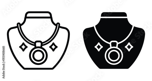 necklace icon set featuring pendant on mannequin bust display in line and solid glyph style for jewelry store fashion design branding