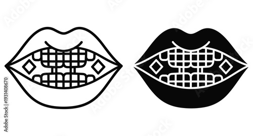 Dental grill jewelry on teeth inside open mouth vector icon set featuring outline and solid black silhouette styles for hip hop fashion